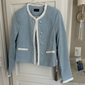 Tahari Light Blue Tweed Blazer with White Fringe Trim